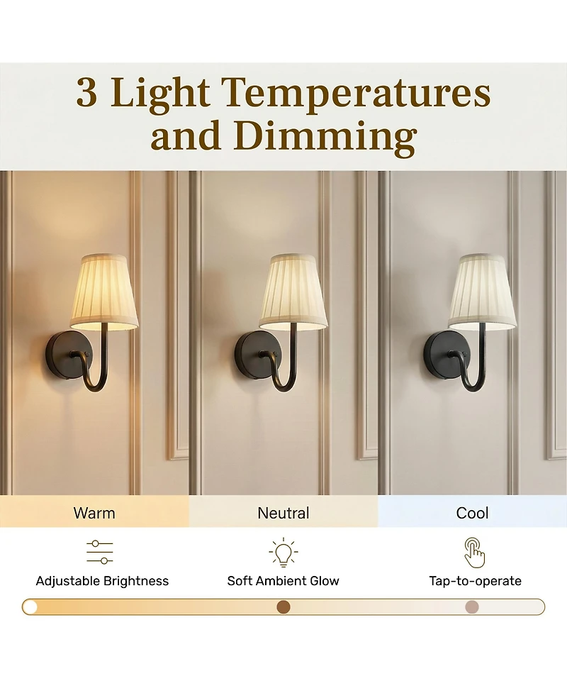 Bell + Howell Set of 2 Folded Pleat Shade Dimmable Led Rechargeable Cordless Touch Control Lights Wall Sconces