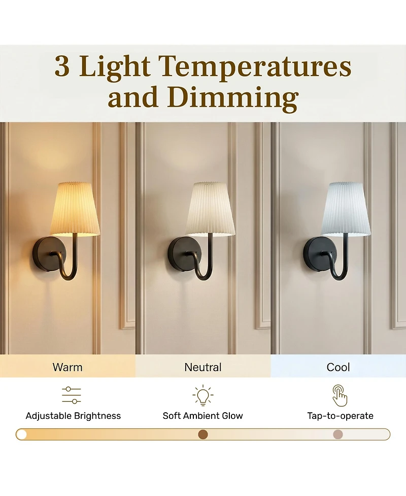Bell + Howell Set of 2 Accord Pleat Shade Dimmable Led Rechargeable Cordless Touch Control Lights Wall Sconces