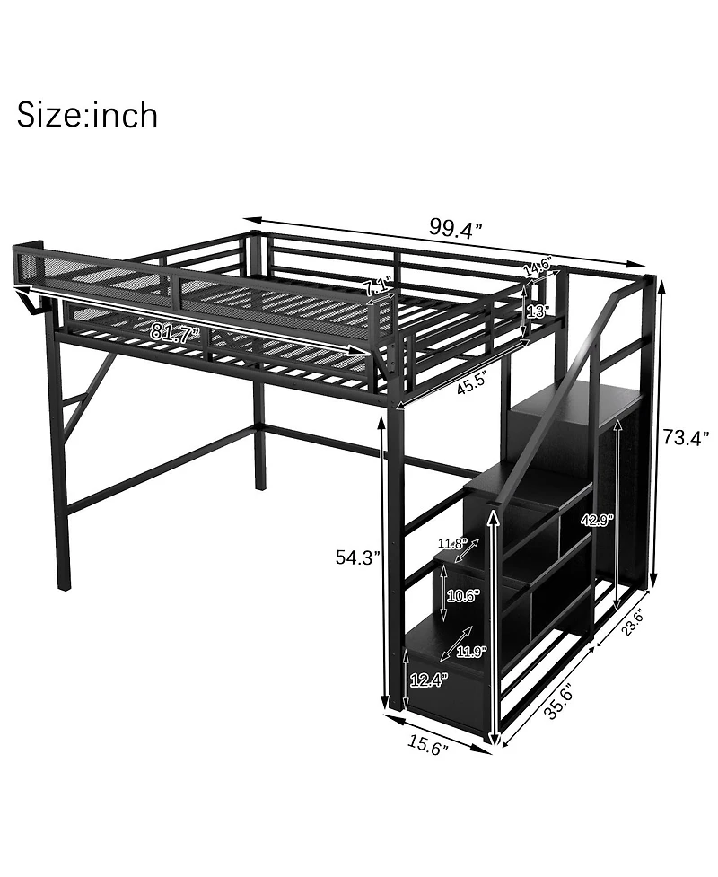 Streamdale Furniture Full Size Metal Loft Bed with Stairs, Storage Shelves, and Wardrobe