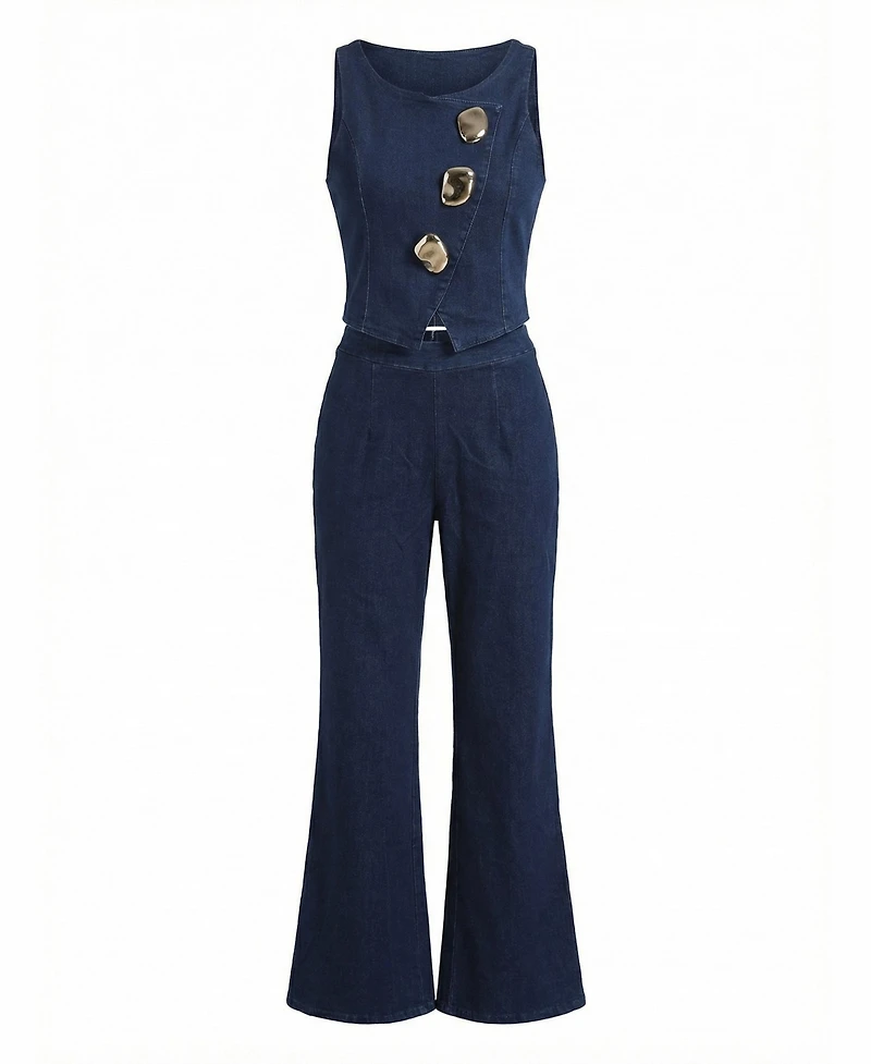 Modenaire Women's Denim Vest Top And Wide-Leg Pant Set