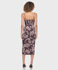 B Darlin Juniors Sweetheart Neck Printed Satin Midi Dress with Spaghetti Straps Skirt Slit