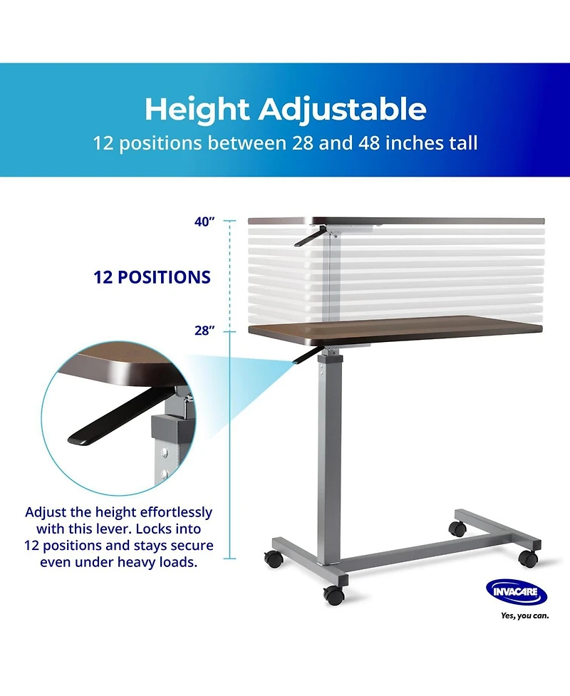 Invacare Adjustable Medical Bedside Table - Waterproof Rolling Hospital Tray Table w/L-Shaped Base