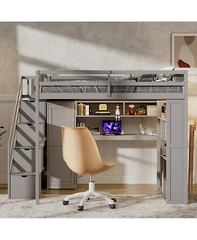 Streamdale Furniture Full Loft Bed with Wardrobe, Desk, Shelves and Lights