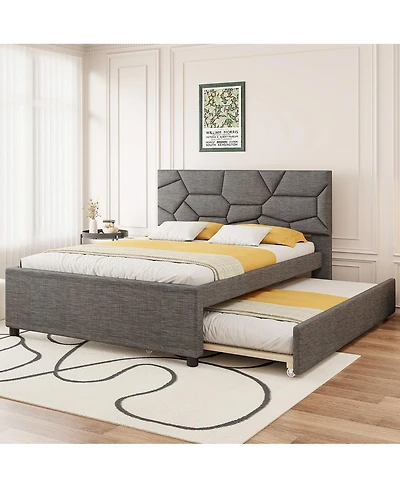 Streamdale Furniture Queen Upholstered Platform Bed with Brick Pattern Headboard and Twin Xl Trundle