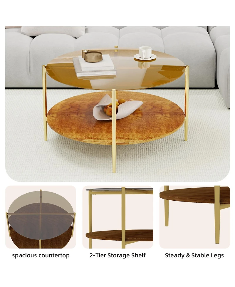 Streamdale Furniture Modern Gold Round Double-Layer Tempered Glass Coffee Table (32.28")