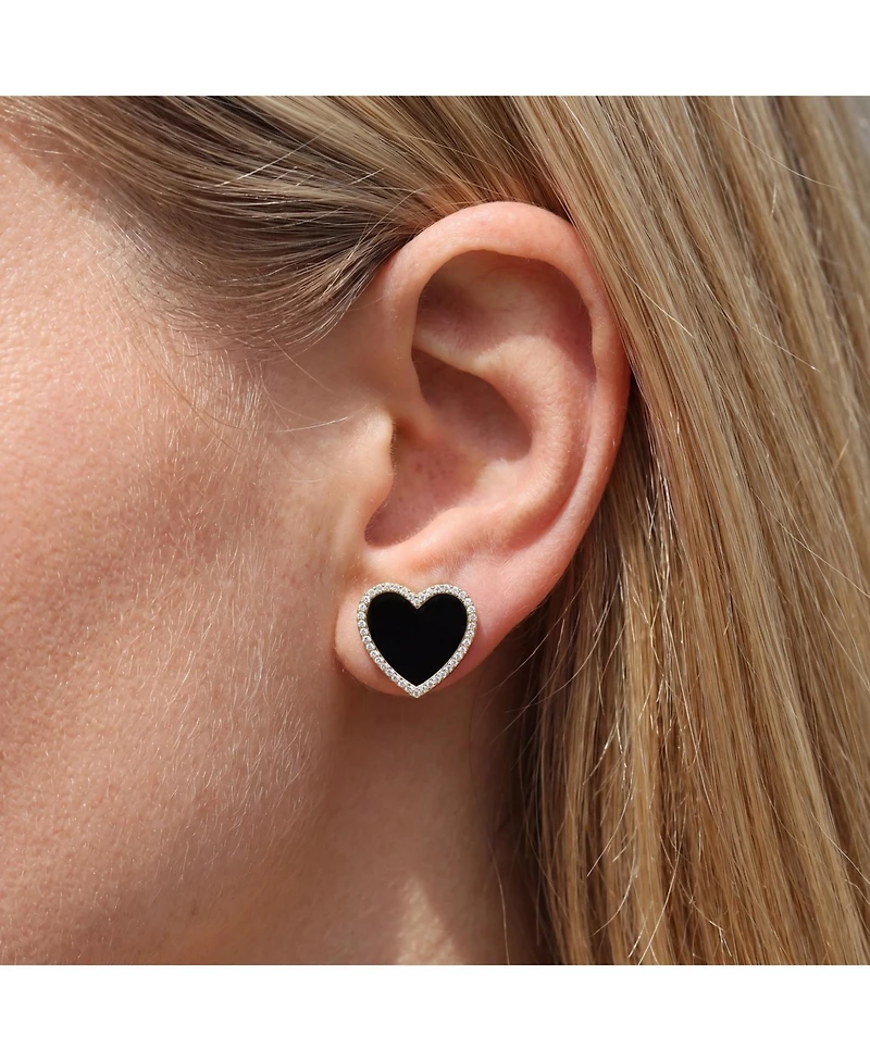 The Lovery Large Onyx Cz Halo Heart Stud Earrings 14K Gold-Plated Sterling Silver