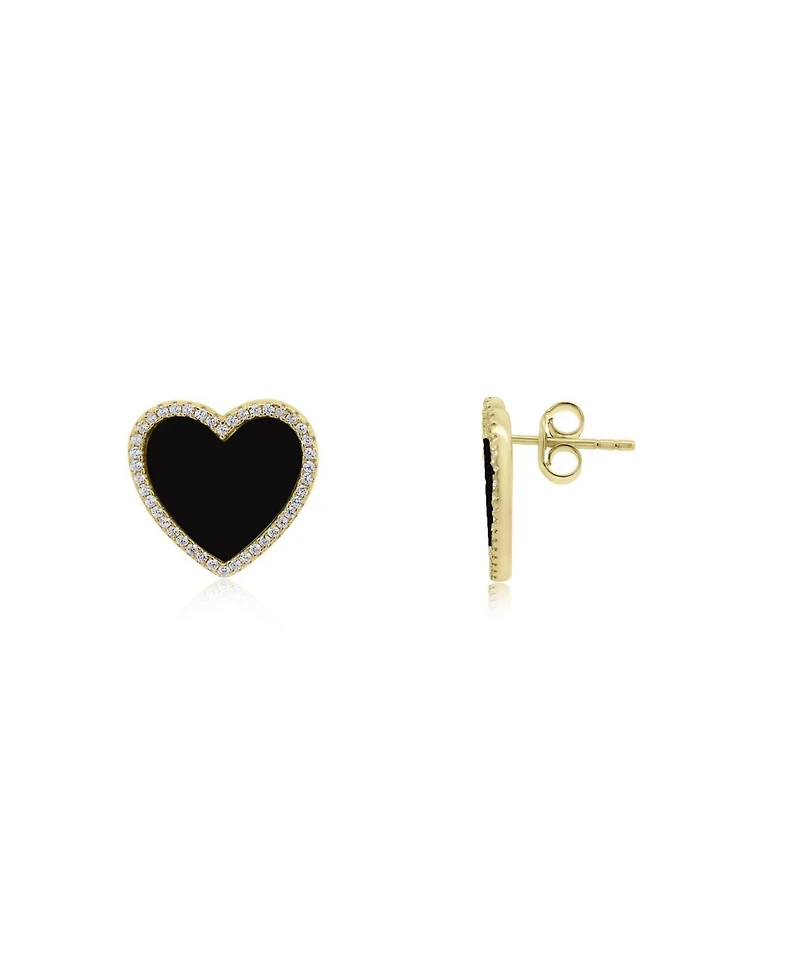 The Lovery Large Onyx Cz Halo Heart Stud Earrings 14K Gold-Plated Sterling Silver