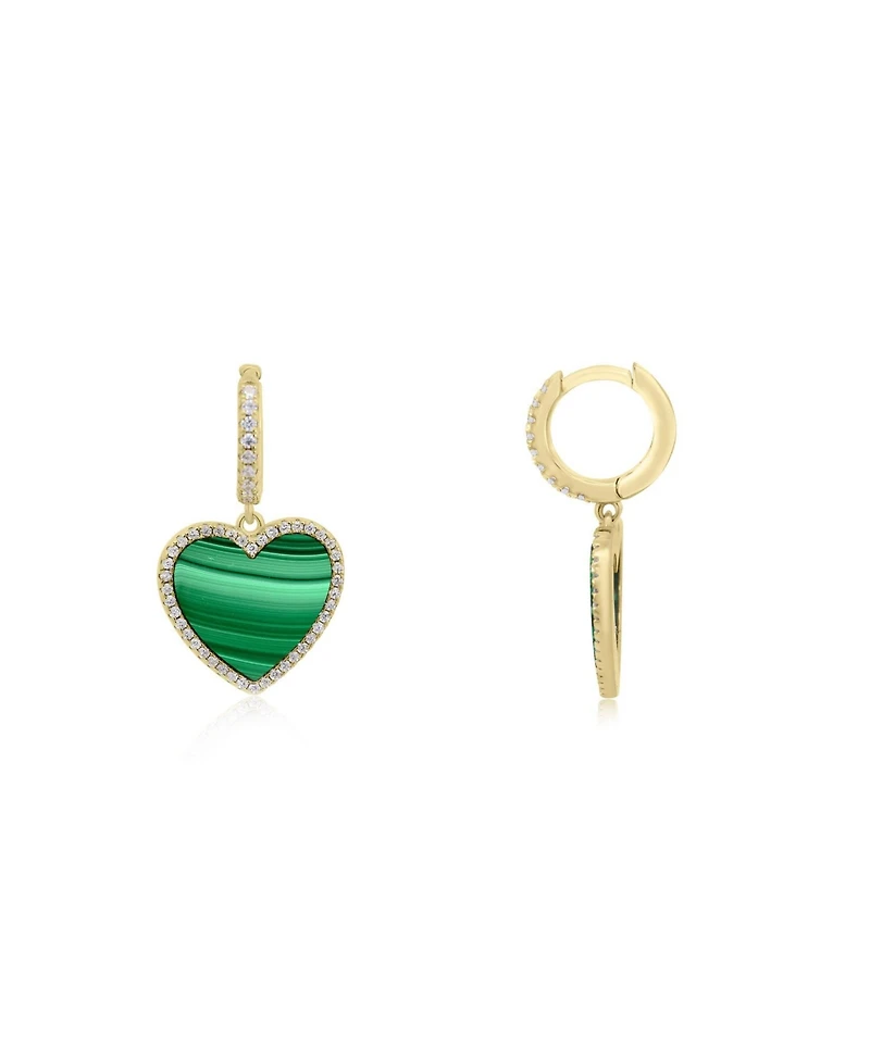 The Lovery Large Malachite Cz Halo Heart Dangle Earrings 14K Gold-Plated Sterling Silver