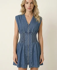 Modenaire Women's Denim Cap-Sleeve Smocked-Waist Mini Dress