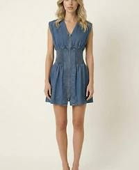 Modenaire Women's Denim Cap-Sleeve Smocked-Waist Mini Dress