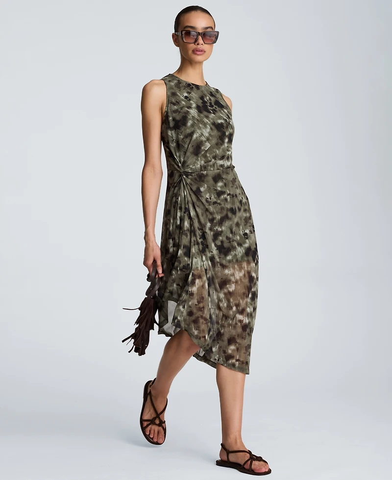 Kenneth Cole Women's Sheer Mesh Overlay Asymmetric Hem Midi Dress