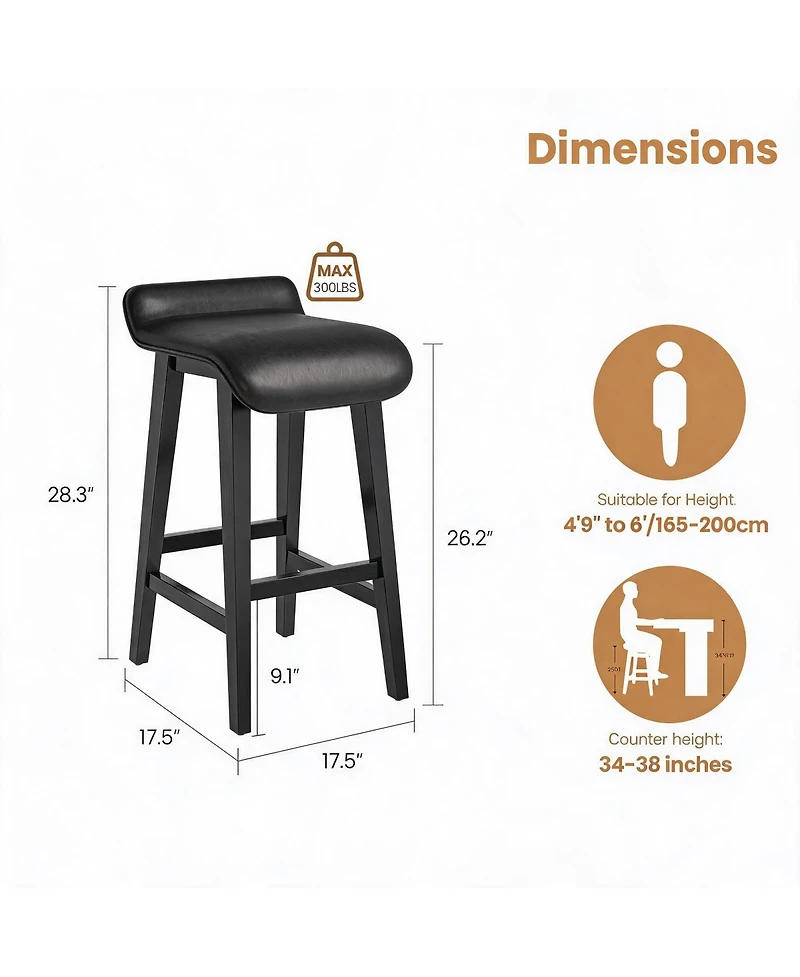 homfan Set of 2/4 Counter Height Bar Stools, Wood Frame, Wide Pu Leather Upholstered Seats, Comfortable, Ideal for Kitchen Island,