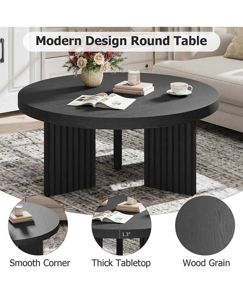 homfan Round Coffee Table, Circle Center Table with Fluted Legs and Thick Top, Accent Cocktail Tables for Living Room, Bedroom, Easy Assembly