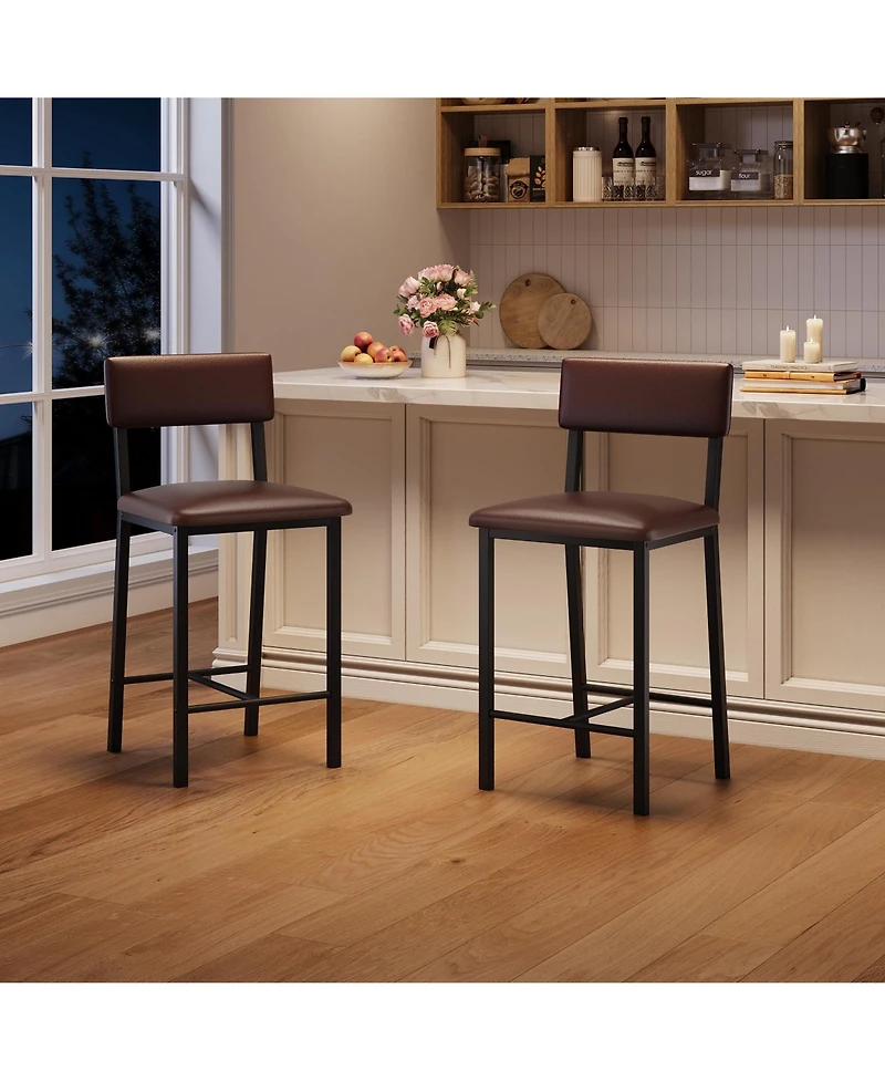homfan 2 Pack 25" Counter Height Stools, Ergonomic Pu Leather Seats with Backrest & Footrest, Metal Frame, Easy-Clean for Indoor Use