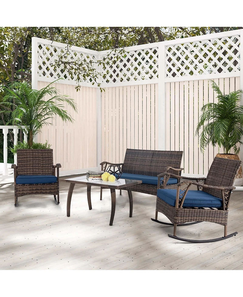 Gymax Set of 4 Wicker Rocking Set with Loveseat and Coffee Table Heavy-Duty Metal Frame