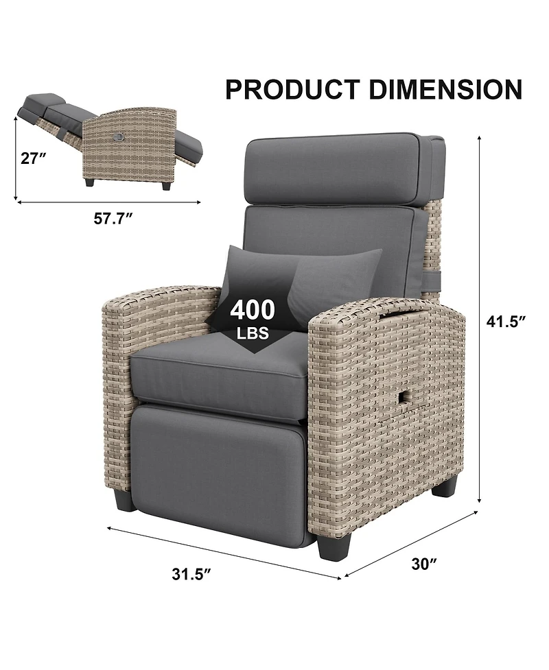 homfan Adjustable 150degree(s) Reclining Rattan Patio Chair – Outdoor Wicker Lounge with Air Pump, Cushion, Turn over-Up Side Table, Footrest