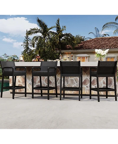 homfan set of 4 patio wicker bar stools with 30" counter height, thick cushions, backrest and footrest, ideal for backyard or pool seating.