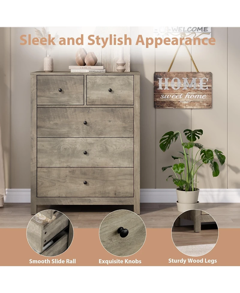 homfan Modern 5 Drawer Dresser for Bedroom - Tall Wooden Chest, Storage Organizer, Drawers Entryway, Hallway, Closet, Kids Room, Home Office