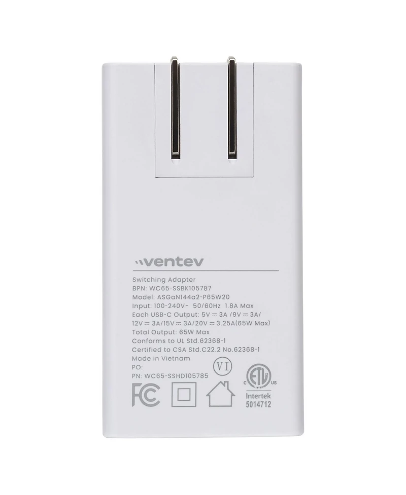 Ventev 65W Dual Usb-c GaN Ultrafast Slim Wall Charger