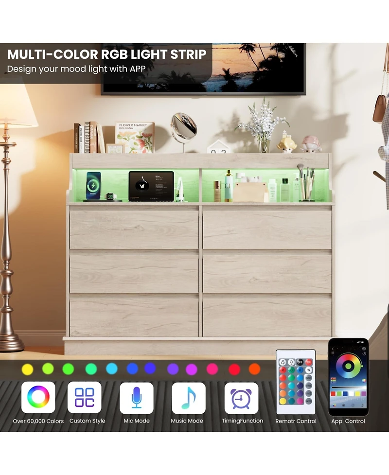 homfan Modern 6-Drawer Dresser and 51" Tv Stand - Led Lighting, Built-in Power Outlet, Spacious Storage Cabinet with Open Shelves
