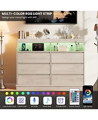 homfan Modern 6-Drawer Dresser and 51" Tv Stand - Led Lighting, Built-in Power Outlet, Spacious Storage Cabinet with Open Shelves