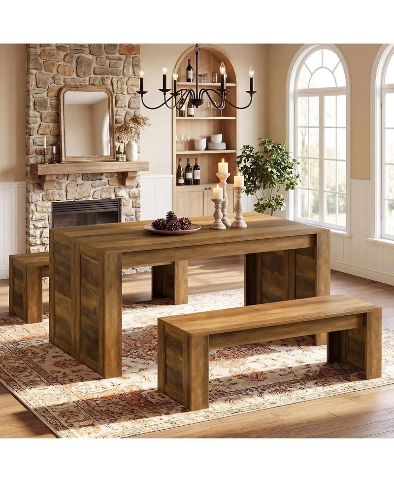 Tribesigns Farmhouse Dining Table Set for 4-6, Wooden Kitchen Table with 2 Benches