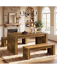 Tribesigns Farmhouse Dining Table Set for 4-6, Wooden Kitchen Table with 2 Benches