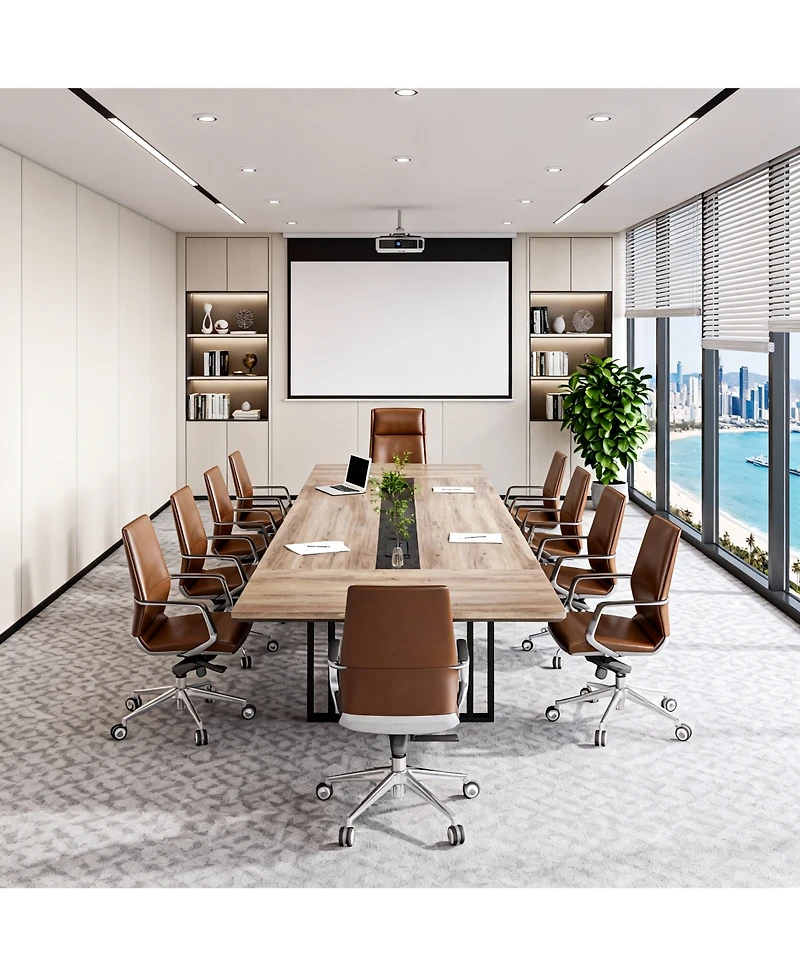 logicfox Large Conference Table with 2" Thick Top and Metal Grid Base Outlets