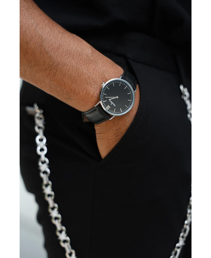 Peugeot Men's 40mm Black Dial Silver Super Slim Case Leather Strap Watch