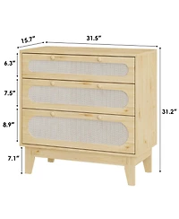 homfan Modern Rattan 3 Drawer Dresser for Bedroom - Wooden Farmhouse Storage Chest with Handles and Anti-Tip Kit