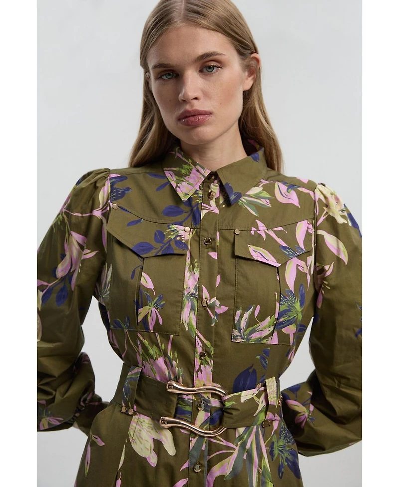 Karen Millen Women's Floral Cotton Sateen Midi Shirt Dress