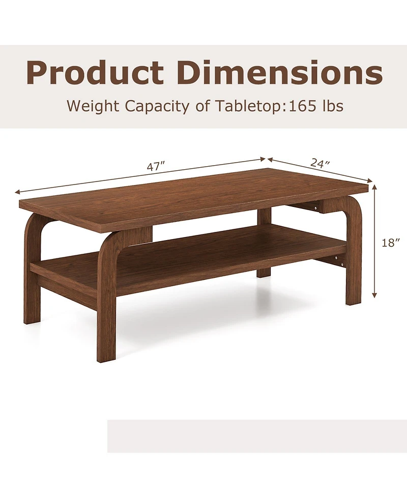 Gymax 47'' Rectangular Coffee Table w/ Storage Shelf and Curved Legs for Living Room
