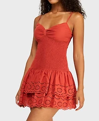 Alexa & Sophia Juniors' V-Neck Embroidered Eyelet Dress with Tiered Skirt and Lace Trim Detail