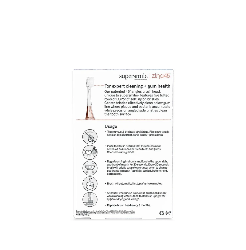 Supersmile Zina45 Sonic Pulse Toothbrush Chrome Replacement Heads 2 pack