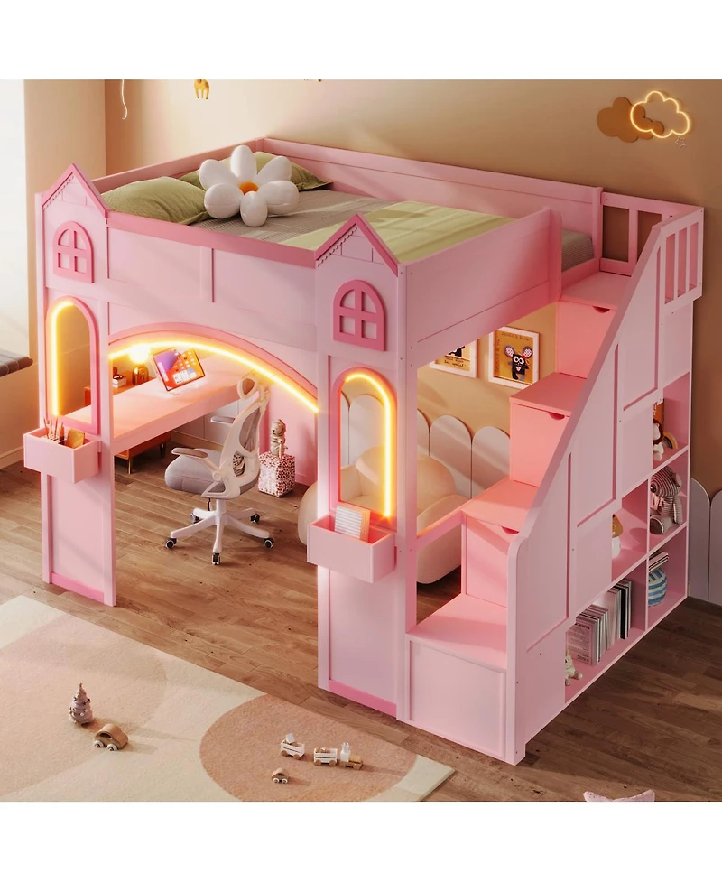 Streamdale Furniture Wood Castle Loft Bed with Storage, Desk, and Led Lights