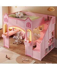 Streamdale Furniture Wood Castle Loft Bed with Storage, Desk, and Led Lights