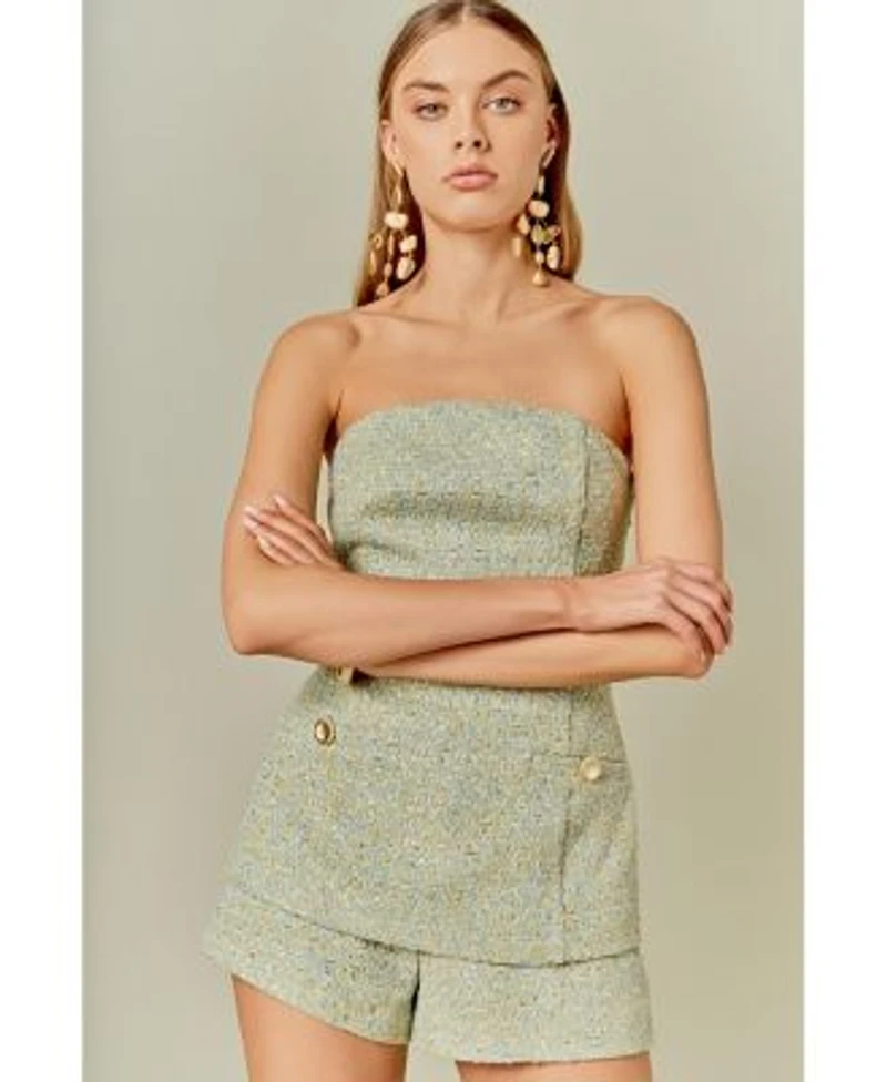 Endless Rose Womens Tweed Gold Buttoned Strapless Long Top Tweed High Waisted Shorts