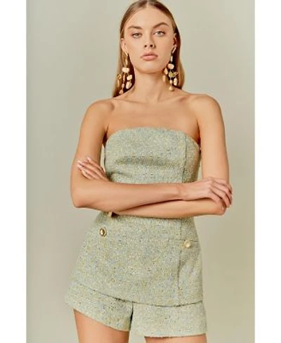 Endless Rose Womens Tweed Gold Buttoned Strapless Long Top Tweed High Waisted Shorts