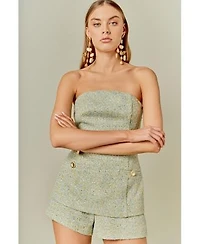 Endless Rose Womens Tweed Gold Buttoned Strapless Long Top Tweed High Waisted Shorts