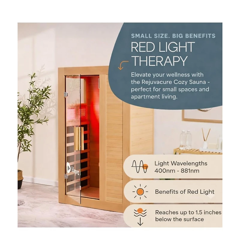 Lifepro RejuvaCure Far Infrared Sauna with Red Light, Bluetooth & Chromotherapy – 1-Person Indoor Home Sauna Box with 7 Carbon Heaters & Canadi