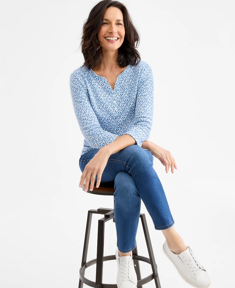 Style & Co Women's Printed 3/4-Sleeve Henley Top, Macy's Exclusive