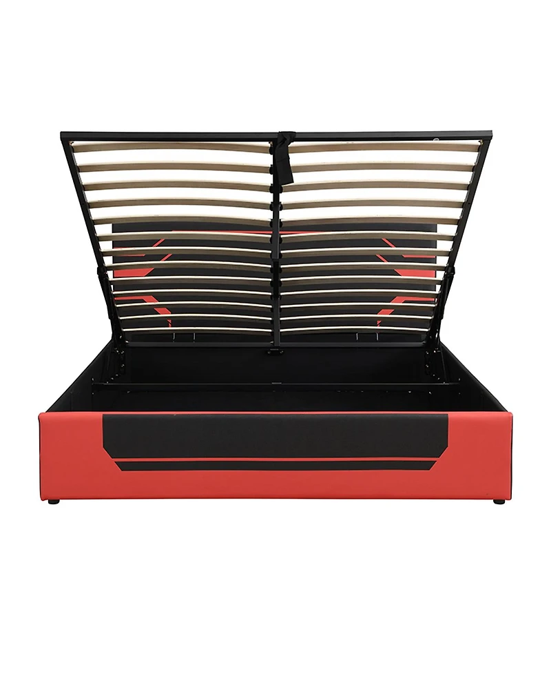 Streamdale Queen Size Hydraulic Storage Gaming Bed Frame, Cyberpunk Design, Black+Red