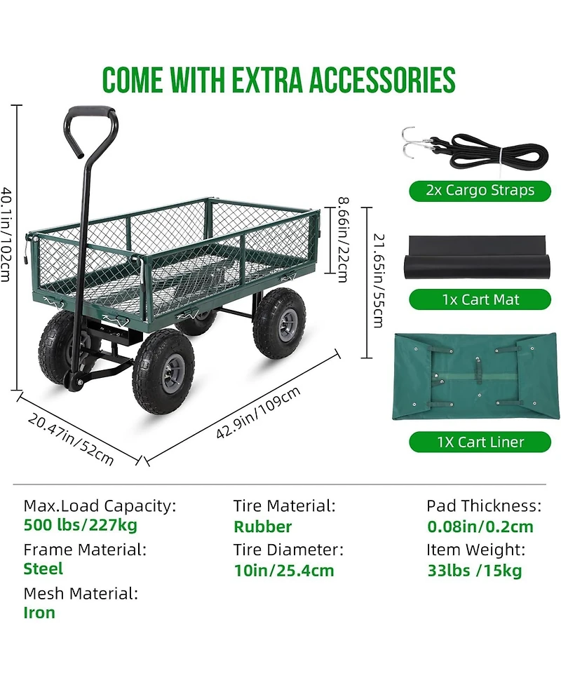 Gaomon Heavy Duty Steel Garden Cart Folding Utility Wagon 500 lbs Capacity with Removable Liner and Pneumatic Tires for Gardens Lawns