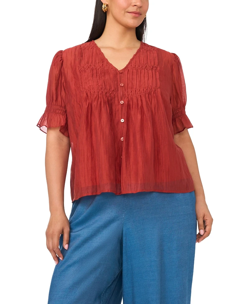 Vince Camuto Plus V-Neck Puff-Sleeve Pintuck Top