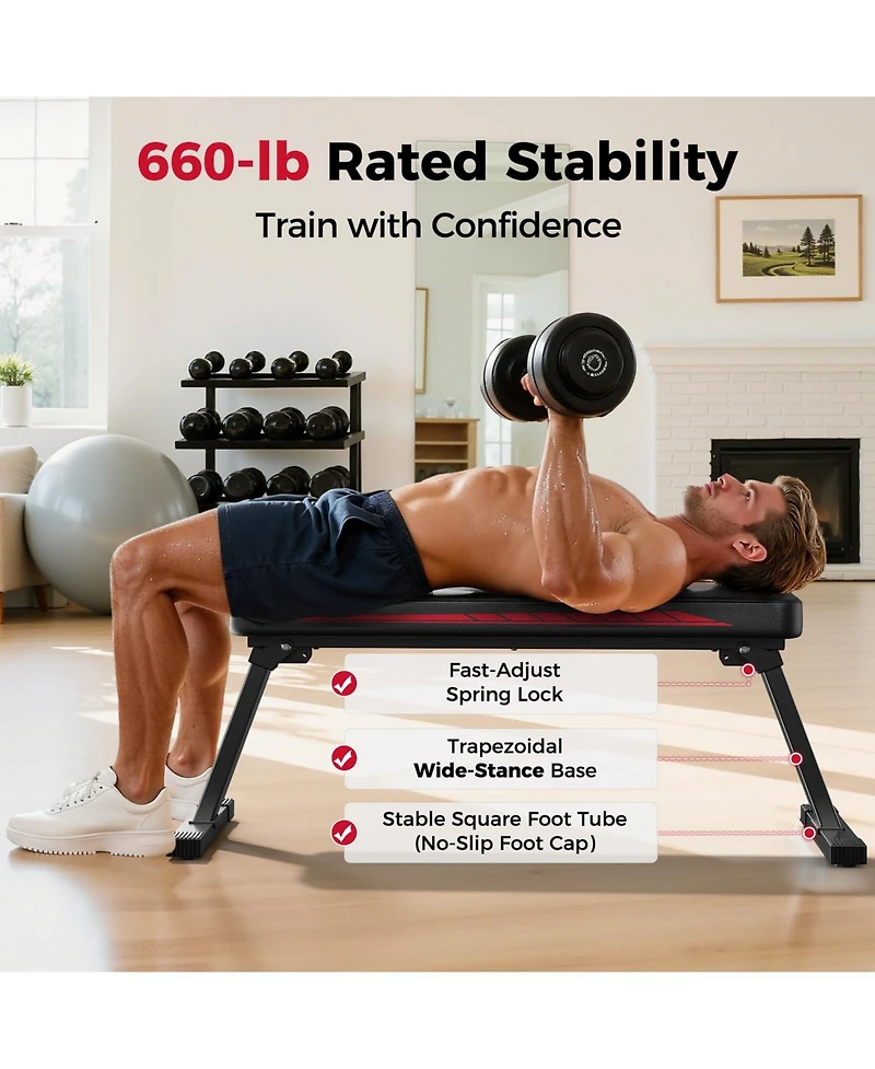 Fed Fitness Foldable Flat Weight Bench For Home Gym, Sturdy Strength Training Workout Bench