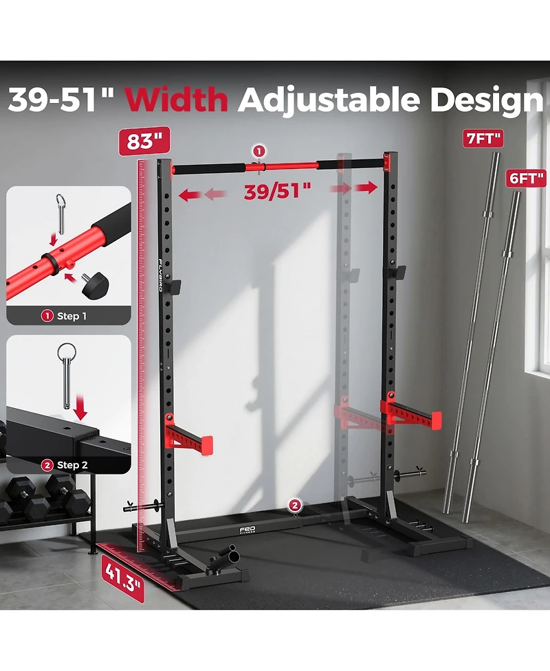 Fed Fitness Adjustable Squat Rack with Pull-Up Bar, Multi-Functional Power Rack Stand Fits 6FT/7FT Barbells, Home Gym Strength Training Equipment