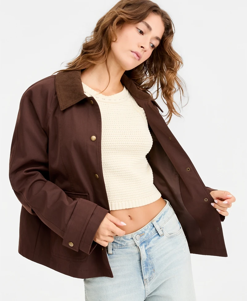 Maralyn & Me Juniors' Contrast-Collar Snap-Front Barn Jacket, Macy's Exclusive