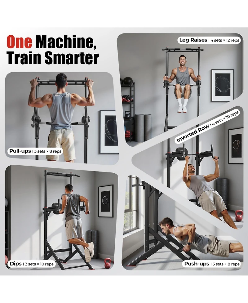 Fed Fitness 450LBS Power Tower, Dual-Triangular Base Pull Up Dip Station with 6 Height Levels, Multi-Function Home Gym Strength Training Equipment