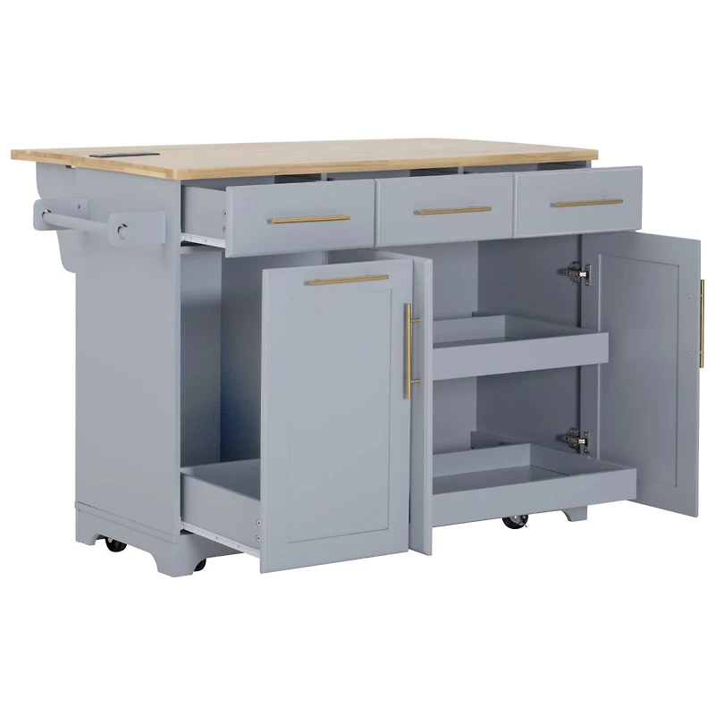 Streamdale Furniture 59.3 inch Rolling Kitchen Island with Drop Leaf, Trash Storage and Power Outlet