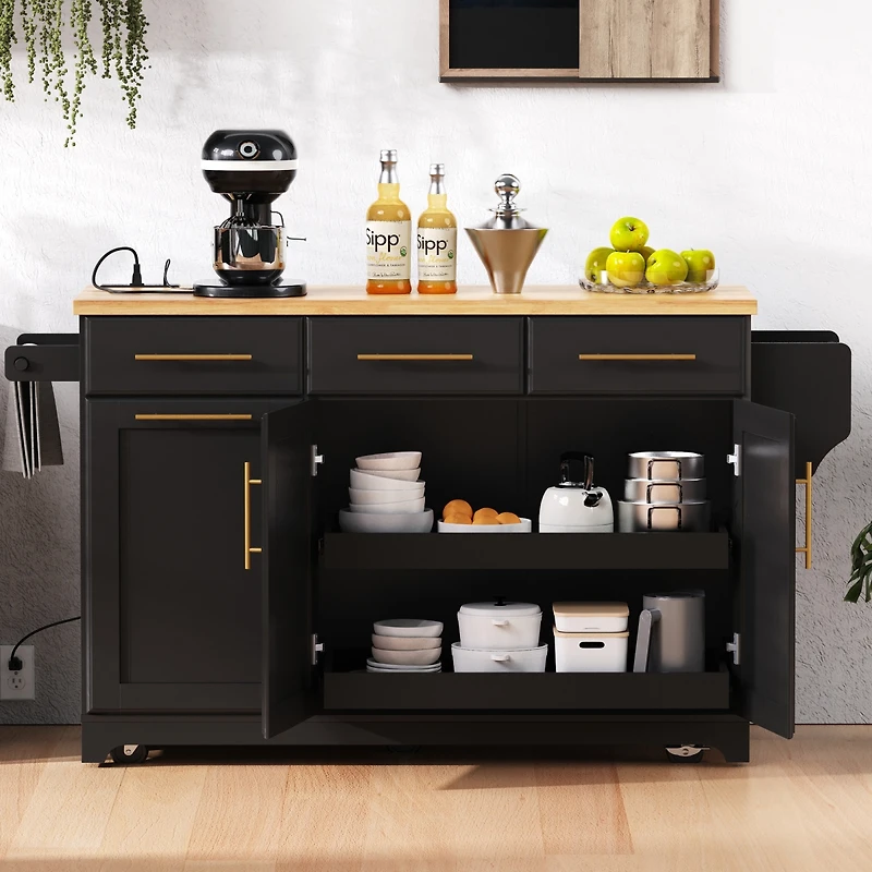 Streamdale Furniture 59.3inch Rolling Kitchen Island with Drop Leaf, Storage, and Power Outlet